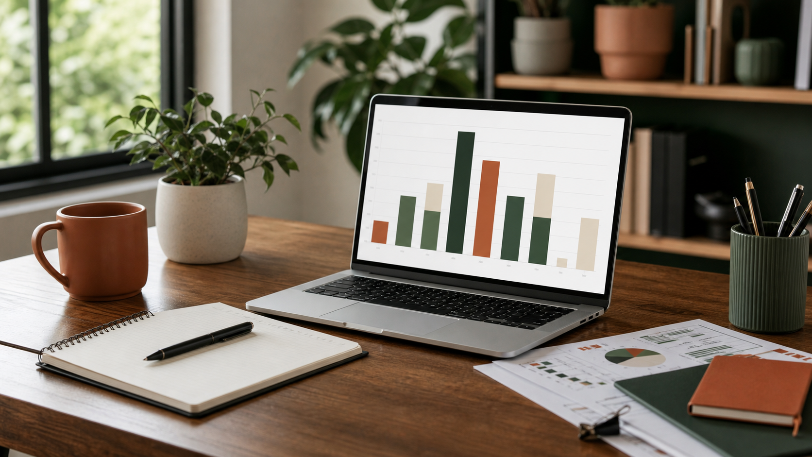 Desk workspace with a laptop chart and notebook for administrative work benchmarks